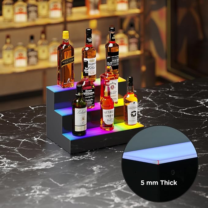 Dethan 3 Tier 16 Inch Liquor Bottle Display Shelf - Wine Racks with Multi-Color App & Remote Control, Adjustable Brightness & Sound Modes, Acrylic Bar Shelves Displays
