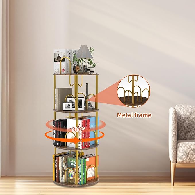 3 Tier Rotating Bookshelf, 360° Spinning Bookshelf Tower, Round Narrow Space Saving for Books and Display, Revolving Bookcase Corner Tall Book Shelf for Small Spaces, Bedroom, Living Room, Gold+Brown
