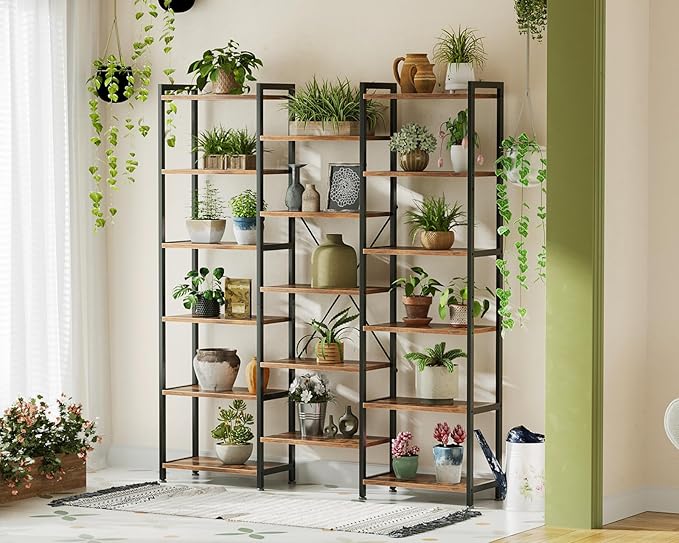 Casaottima Triple 6 Tier Bookshelf, Large Bookcase with 17 Open Display Shelves, Modern Industrial Book Shelves Book Case for Bedroom, Wide Standing Shelving Unit for Living Room Home Office, Vintage
