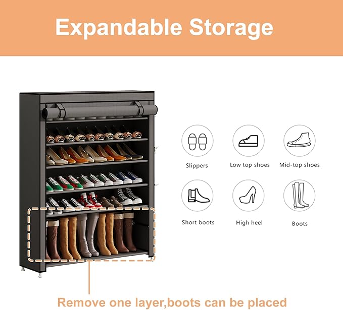 Calmootey 7 Tier Shoe Rack Organizer to Hold 35 Pairs, Portable Shoe Shelf with Nonwoven Fabric Cover for Closet Hallway, Bedroom, Entryway, Grey