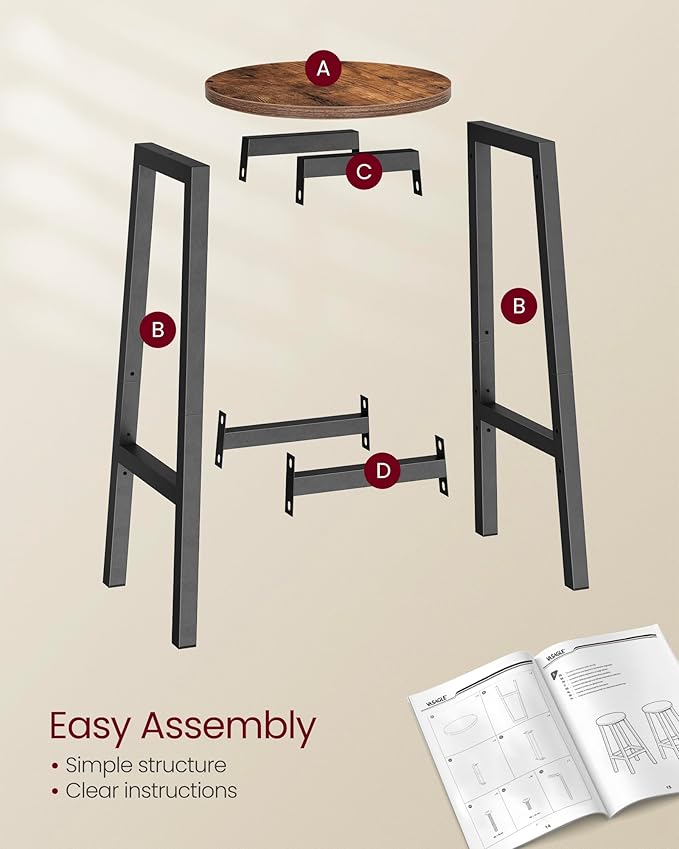 VASAGLE Bar Stools, Set of 2 Bar Chairs, Steel Frame, 25.2 Inch Tall, for Kitchen Dining, Easy Assembly, Industrial Design, Rustic Brown and Black ULBC32X