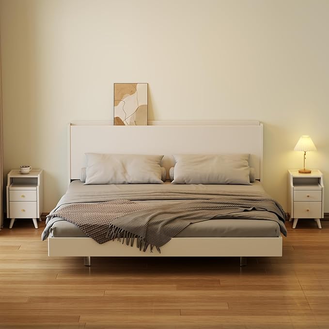 Wood Nightstand, White Nightstand with 2 Drawers, Bedside Table for Bedroom