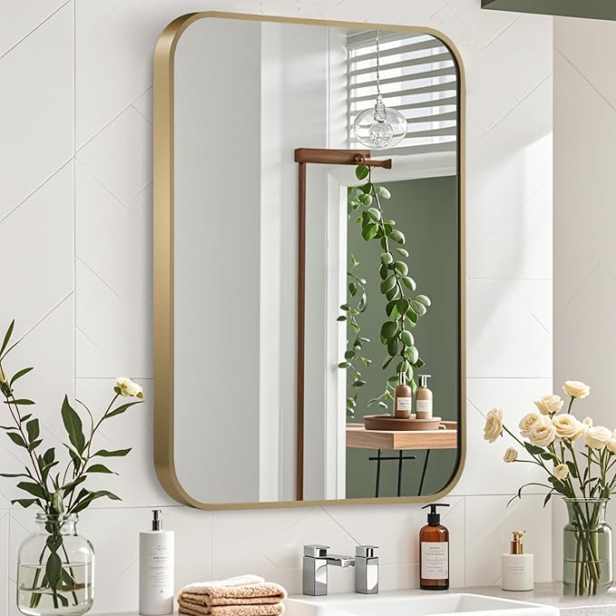 Gold Mirror, 22x30 Inch Framed Rectangle Mirror with Rounded Corner, Brushed Brass Mirror, Gold Bathroom Mirror for Over Sink, Vanity, Living Room, Bedroom, Horizontal/Vertical