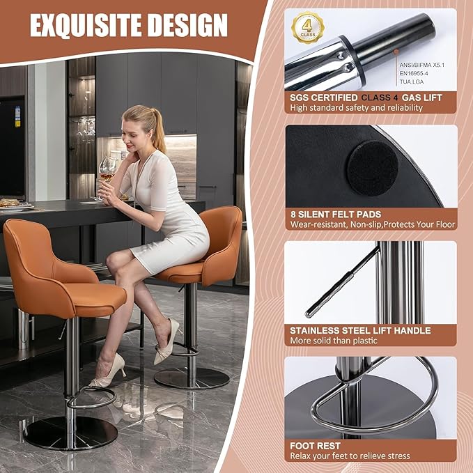 Black Titanium Stainless Steel Bar Stools,Grade Modern Leather Bar Chair with Backrest,Swivel Adjustable Height for Kitchen Counter and Dining Room (Brown Leather-2pcs)