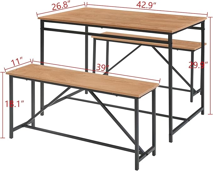Panana 3 Piece Dining Room Table Set 43 Inch Kitchen Table with Two Benches Breakfast Table Top with Sew Kerf Finish Metal Frame Dining Room Home (Brown)