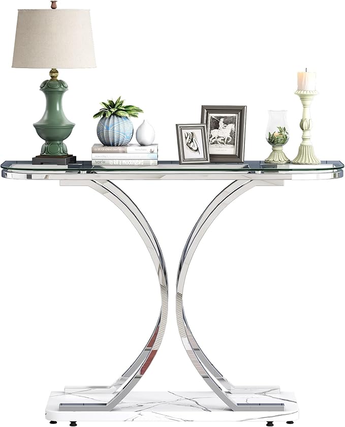O&K FURNITURE Silver Glass Console Tables for Entryway,Glass Entryway Table with Curved Frames and Marble Base, Modern Entrance Table Sofa Table for Living Room,Hallway,Silver Glass&White Marble