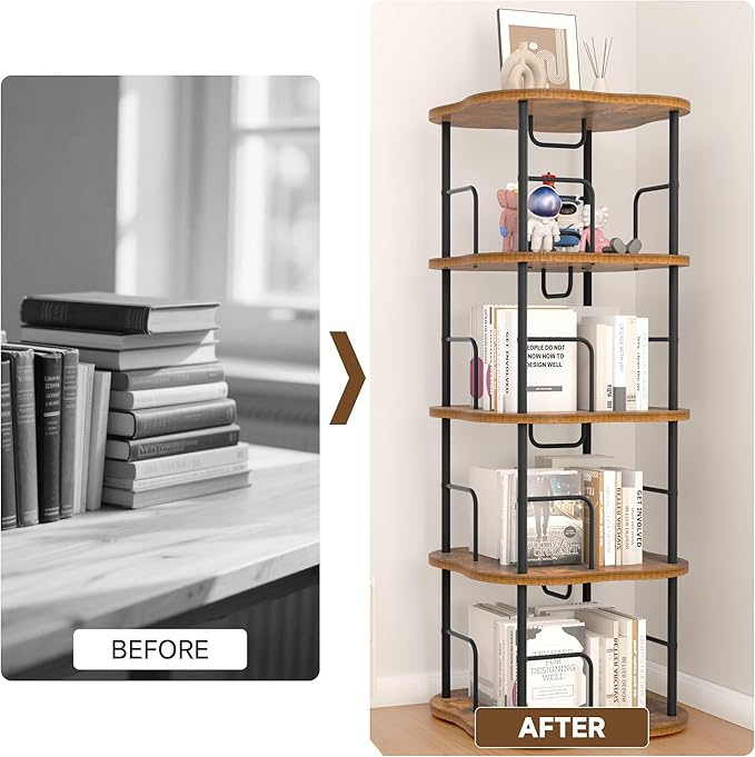 4-Tier Rotating Book Shelf, 360° Display Spinning Bookshelf Tower, Book Organizer, Floor Standing Bookcases for Small Space, Corner Book Shelf for Bedroom, Living Room, Study Room (RUSTIC BROWN)