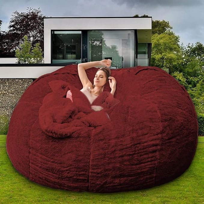 Bean Bag Chair for Adults Kids Without Filler Comfy Giant Round Lazy Sofa Chair Cover Floor Chair Cover for Bedroom Living Room, 7FT, Red Wine