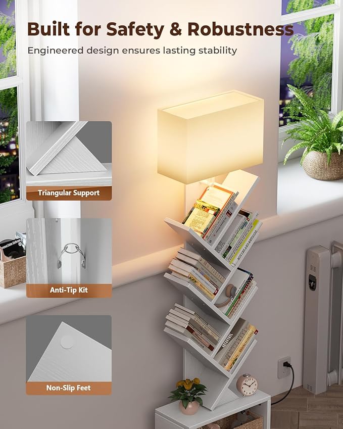 6 Tier Tree Bookshelf with Light, Narrow Bookcase Tower, Tall Floor Standing Book Shelf Organizer with Storage Cabinet for Living Room, Bedroom and Home Office, White