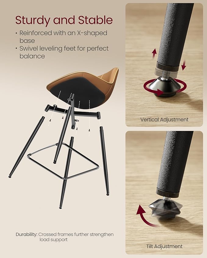 VASAGLE Bar Stools Set of 2, Bar Height Bar Stools with Back, Ergonomic Backrest, Synthetic Leather, Metal Legs, 28.7-Inch Tall Barstools for Kitchen Island Home Bar, Easy Assembly, Caramel Brown