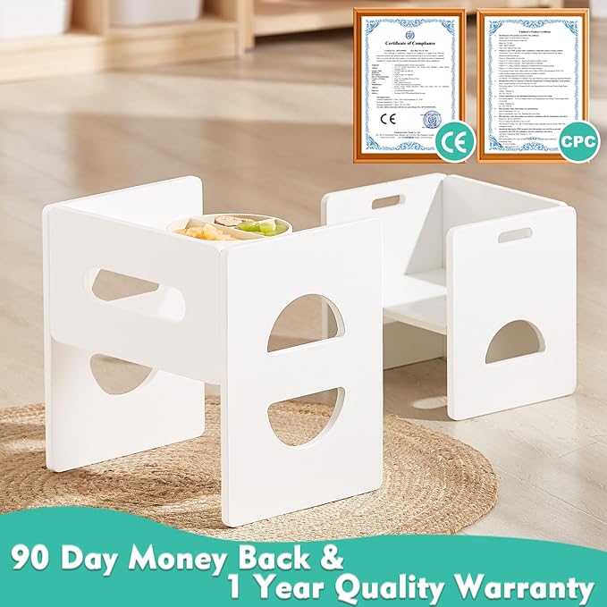 FUNLIO Height Adjustable Montessori Table and Chair Set for Age 1-3, Solid Wood Toddler Table and Chair Set, Weaning Baby Table Chair Set for Reading/Eating/Playing, Easy to Assemble - White