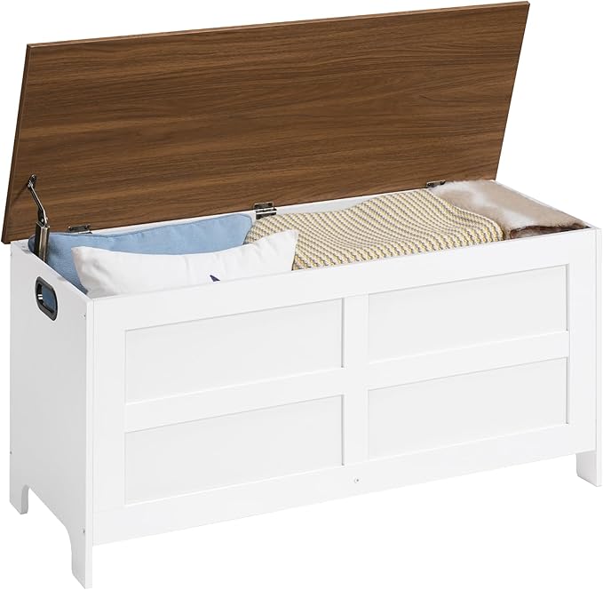 Storage Chest, 39.4” Large Toy Chest, Entryway Storage Trunk, Storage Bench with Safety Hinge, Entrance Bench for Living Room, Entrance, Bedroom, White+Walnut SCBZ48301