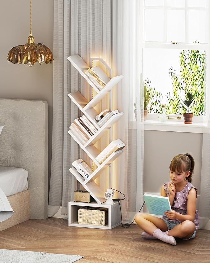 Casaottima White Tree Bookshelf with LED Light Strip — 6-Tier Small Floor Standing Bookcase, Narrow Steel & Wood Book Organizer Shelf with Cabinet, Home Decor for Living Room/Bedroom/Home Office
