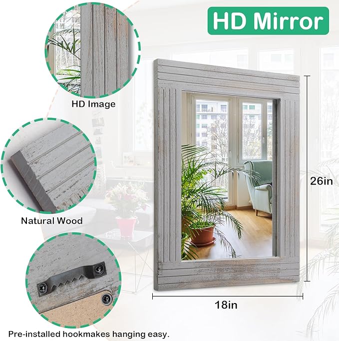 Large Rustic Wall Mirror, Rectangular Vintage Wood Framed Large Mirror Deco Farmhouse Living Room Bathroom Bedroom Entrance Mirror Light Gray 26" x 18"