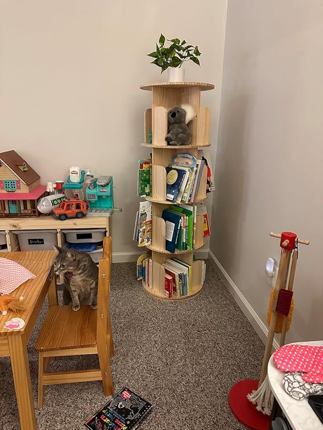 Rotating Bookshelf Kids, 360 Display 4 Tier Spinning Bookshelf Tower Stackable Solid Wood Book Shelf Rotating, Revolving Bookcase Floor Standing Bookcase Storage Display Rack for Kids&Adults, Pine