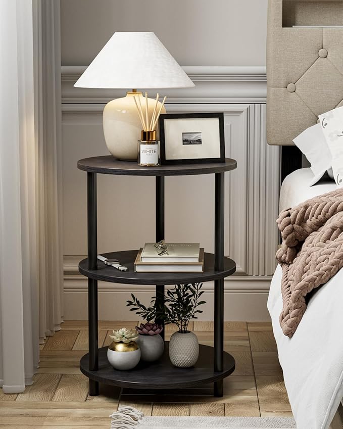 Small Round End Table - 3 Tier Design Accent Table, Narrow Side or Bedside Stand, Industrial Vintage Nightstand for Bedroom, Living Room, or Small Spaces, Set of 2, Charcoal Wenge