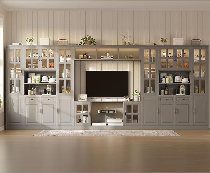 4-Piece Wall Unit TV Stand with Storage & LED Lights for TVs up to 75", Modern Entertainment Center with Bookshelves & 8-Door Pantry Cabinet, Gray