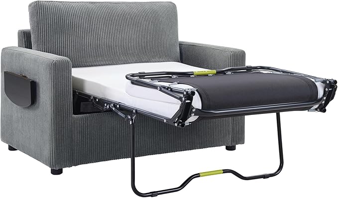 Twin Size Sofa Bed 47.2" Sleeper Sofa Loveseat Sofa with a Foldable Mattress, a Foldable Side Table, a Side Storage Pocket and Two USB Ports for Living Room, Gray