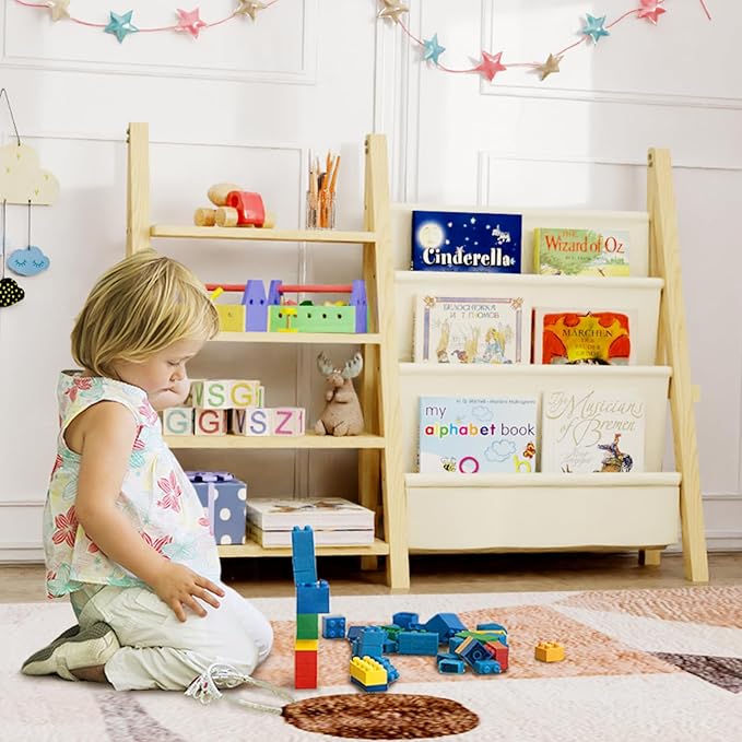 Toy Storage Organizer with Kids Bookshelf, Montessori Wooden Toy Organizer Book Shelf for Kids Rooms, Nursery, Playroom, Child, Baby, Toddler Bookcase, Toys Rack Fabric Sling Book Shelves