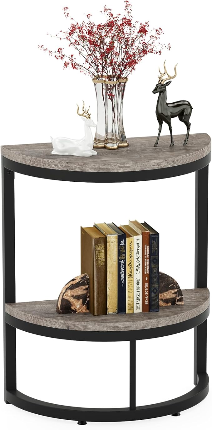 Tribesigns 2-Tier End Table Semi Circle, Small Half Round Side Table with Storage Shelf, Wood Accent Table Slim C Table for Sofa Couch, Living Room, Bedroom, Easy Assembly, Rustic Grey & Black