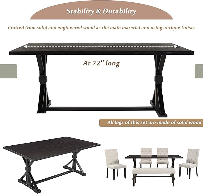 Ball & Cast 6 Piece Dining Table Set with 4 Upholstered Chairs and 1 Bench,Wooden Living Room Furniture for 6 W/ 72" Rectangle Desk,for Small Space,Apartment,Dining Room,Espresso