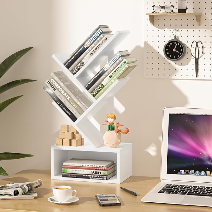 Small Tree Book Shelf,5 Tier Black Tree Bookshelf,White Desktop Bookcase,Modern Desk Display Storage Bookshelves,Floor Standing Organizer Bookcases for Living Room,Bedroom,Office