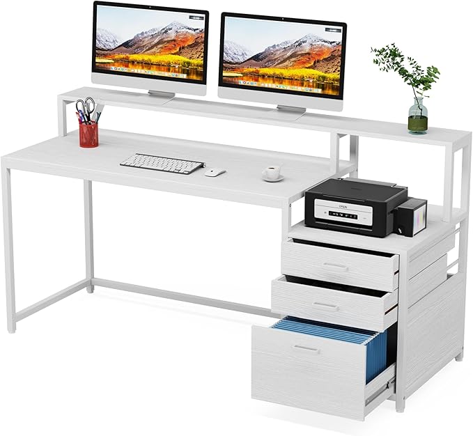 Tribesigns 63 Inch Computer Desk with File Drawer Cabinet, Ergonomic Office Desk with Monitor Stand, Computer Table with Printer Space, Wood PC Table Workstation Desk for Home Office, White