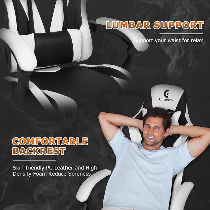 Gaming Chair with Linkage Armrest & Footrest, High Back Video Gaming Chair, Black/White