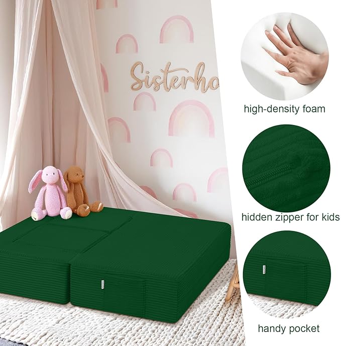 MeMoreCool Modular Kids Couch, Corduroy Play Toddler Couch for Bedroom Playroom Furniture, Convertible Foam Kids Sofa Bed, Fold Out Baby Sofa for Girl Boy, Green