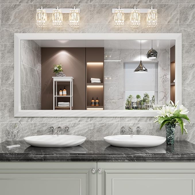Amorho Bathroom Mirror, 60 X30 Inch White Thick Metal Framed Wall Mirrors for Over 2 Sinks, Bedroom, Living Room, Entryway, Large Rectangle Wall-Mounted Mirrors.