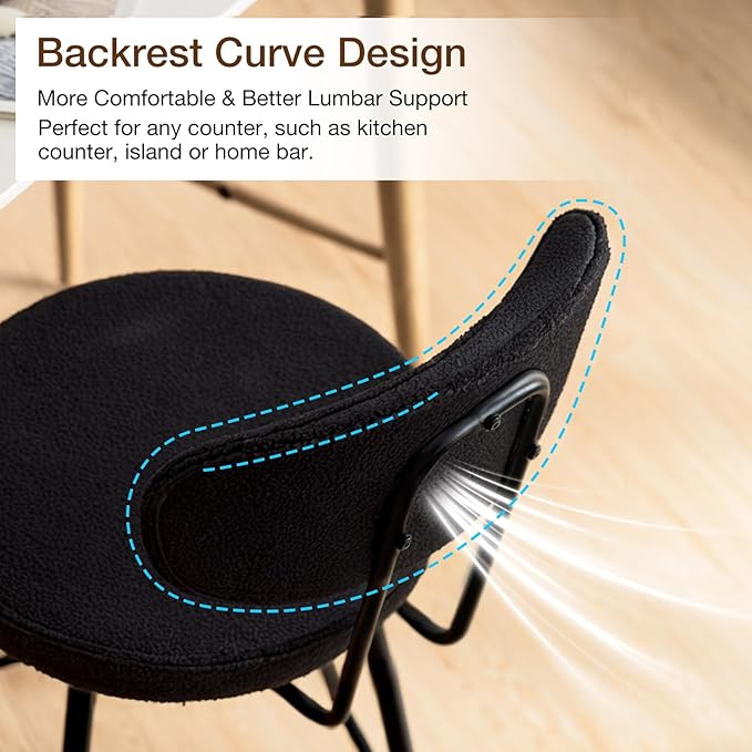 HOMMPA Swivel Bar Stools Set of 3 Counter Height Bar Stools Chiars 26'' Boucle Upholstered Modern Counter Barstools with Back Metal Legs Bar Chairs for Kitchen Counter Island Black
