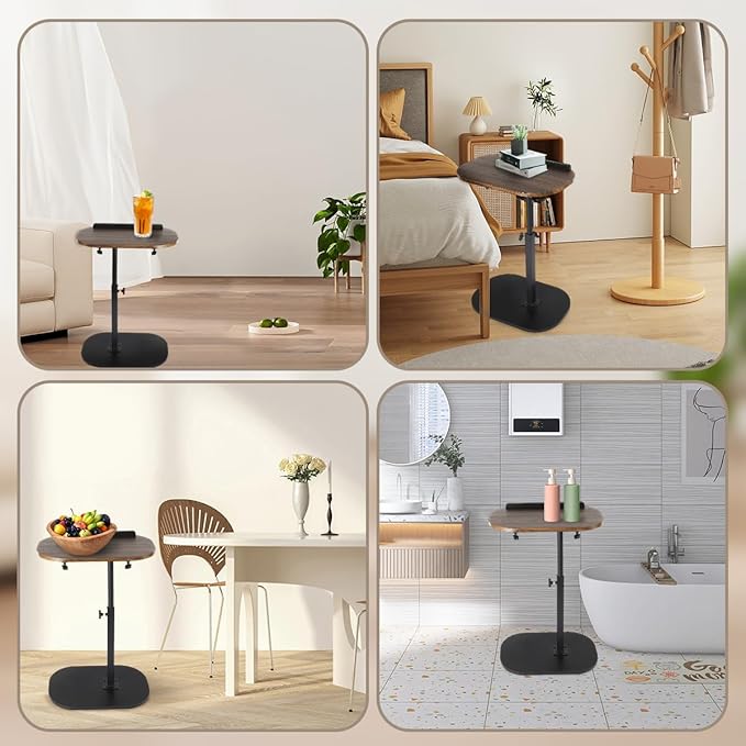 Comeon C-Shaped Tv Tray Pedestal Side Table, End Table Adjustable Height in Couch Living Room or Bedroomwith 360° Rotating Top for Small Spaces Bedside Night Stand Bedside Snack (Walnut)