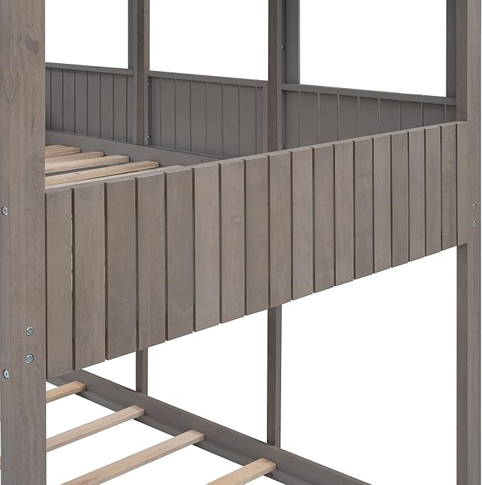 Ball & Cast Full Over Full Size Playhouse Bunk Bed with Roof and Window,Wood Bunkbed w/Full-Length Guard Rail & Ladder,Slat Support,Space Saving,Bedroom Furniture for Student Dorms,Antique Gray