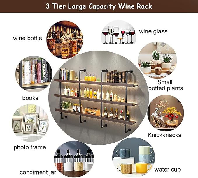 55.1in Large Wine Rack with LED Light Solid Wood Wall Mounted Wine Rack, 3-Tiers Liquor Bottles Floating Shelves Display Storage Organizer for Home Bar & Dining Room (140cm/55.1in)