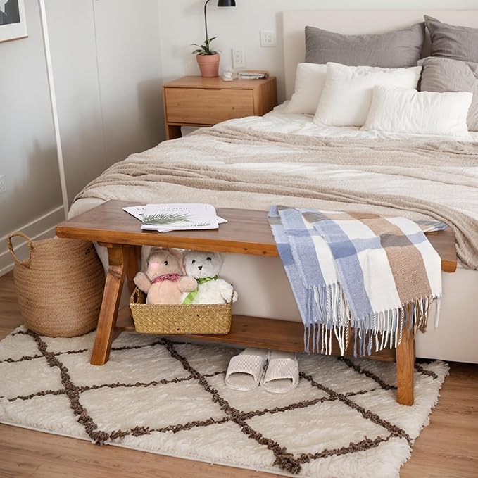 43 Inch Farmhouse Storage Bench, Rustic Solid Wood Entryway Bench for Living Room, Dining Room, Hallway | Indoor Seating with Natural Wood Finish