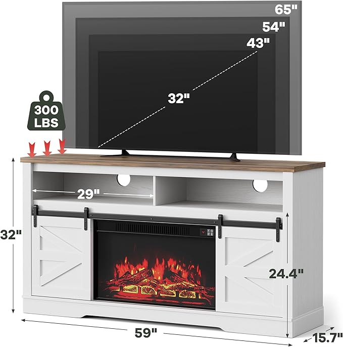 YESHOMY Fireplace TV Stand for Television up to 65+ Inch with Storage and Farmhouse Sliding Barn Doors, Entertainment Center with Cabinet and Shelves, Media Console for Living Room, White