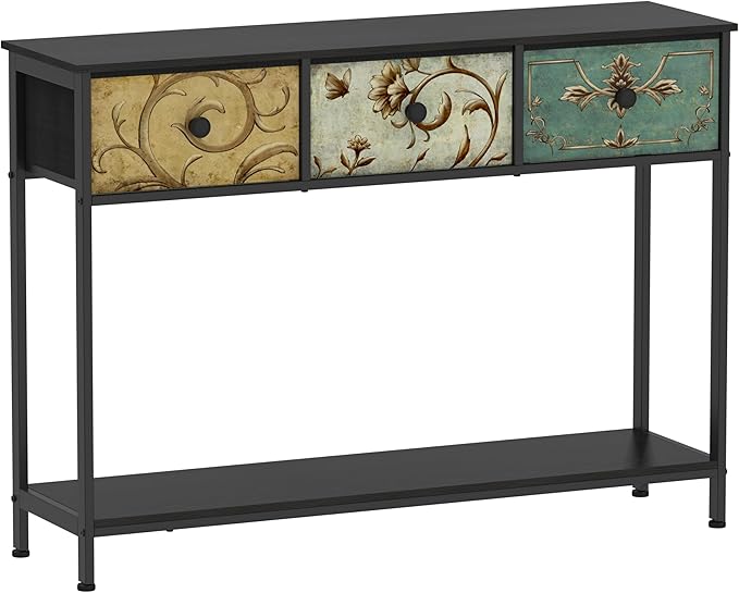 Tohomeor Entryway Console Table with 3 Retro Flowers Fabric Drawers Boho Narrow Long Behind Couch Farmhouse Sofa Table with Bottom Open Storage Shelf for Hallway Living Room Foyer (Black, 3 Drawers)