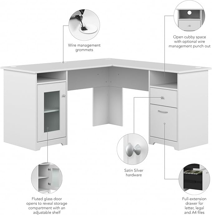 Bush Furniture Cabot L Shaped Computer Desk in White | Corner Table with Drawers and Storage for Personal Home Office Workspace