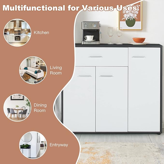 COSTWAY Buffet Sideboard Storage Cabinet, White Kitchen Sideboard with Spacious Table Top, 2 Door Cabinets, Large Drawer, Adjustable Shelf, Anti-Toppling Device, Console Cupboard for Home Living Room