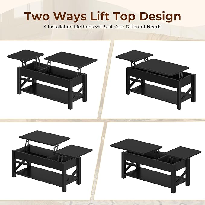 Rolanstar Coffee Table 47.2", 2 Way Lift Top Farmhouse Center Table with Hidden Compartment, Open Shelf & X Wooden Support for Living Room, Black