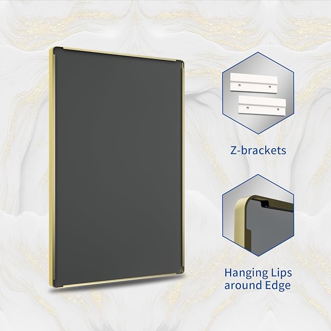 WEER Gold Bathroom Mirror, 24X36 Inch Brushed Gold Metal Frame Mirror, Rounded Rectangle Gold Bathroom Vanity Mirror for Wall, Tempered Glass, Anti-Rust, Hangs Horizontally or Vertically