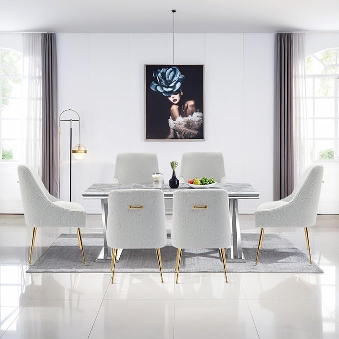 Dining Chairs Medieval Modern Restaurant Chairs, Soft Cushions, Teddy Velvet, Polished Gold Metal Legs, Kitchen Chairs, Living Room White 6-Piece Set