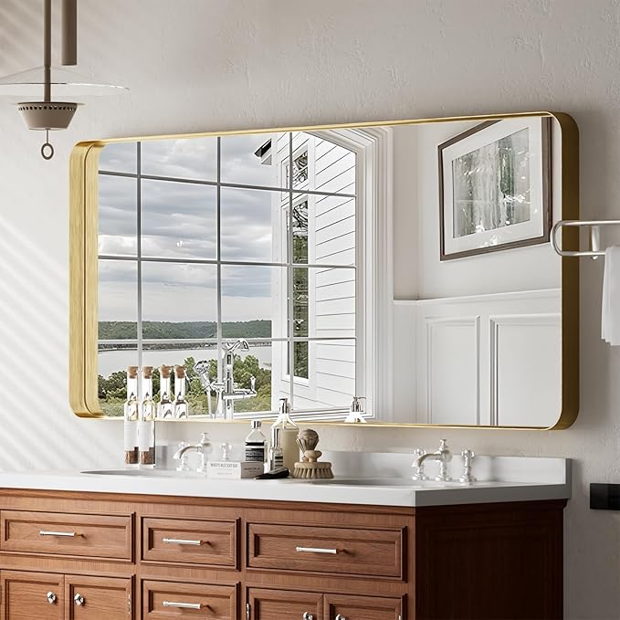Large Bathroom Mirror 30x56 inch, Gorgeous Deep Frame Wall Vanity Mirror for Over Sink with Shatterproof Tempered Glass, Hanging Horizontal or Vertical, Gold