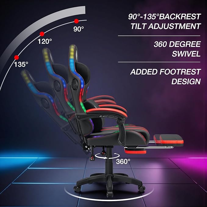 HOFFREE Gaming Chair with Music Rhythm RGB LED Lights and Bluetooth Speakers Ergonomic Massage Computer Gaming Chair with Footrest Video Game Chair High Back with Lumbar Support Red and Black