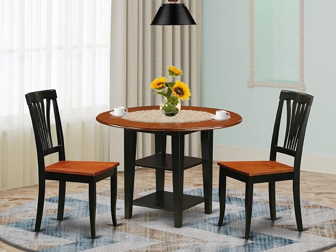 East West Furniture SUAV3-BCH-W 3 Piece Dining Room Table Set Contains a Round Kitchen Table with Dropleaf & Shelves and 2 Dining Chairs, 42x42 Inch, Black & Cherry
