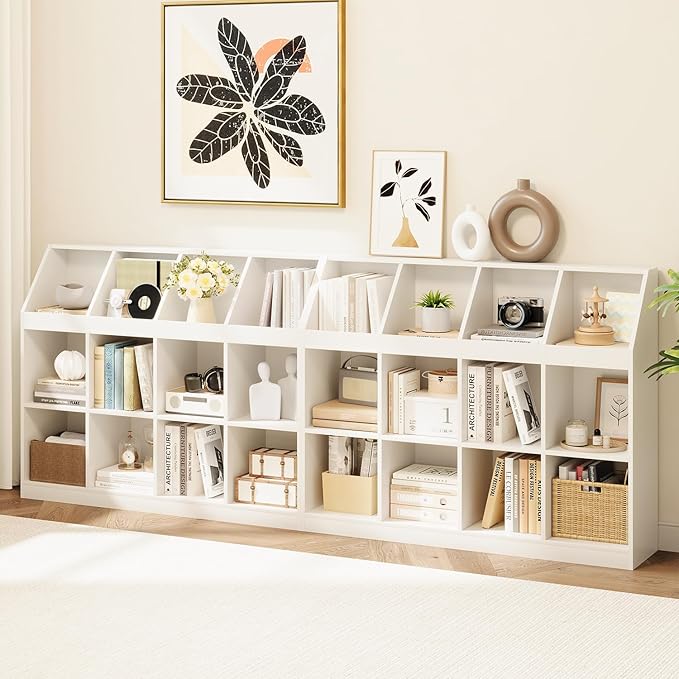 12-Cube Wooden Storage Bookcase - 11-Inch Open Shelf Cabinet, Simple Modern Bookshelf Organizer for Home Office, Living Room, White