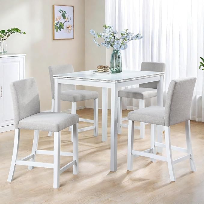Dining Table Set for 4, 5-Piece Dining Room Table Set with Square Crystal Decoration Table & 4 Upholstered Backrest Chairs, Counter Height Kitchen Sets with Wood Grain & Footrest, White