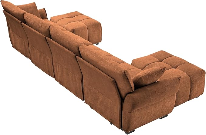 Modern Chenille Fabric 4-Seat Sofa w/Two Ottoman+2 Pillows, Premium Upholstery Living Room Couch with Tufted Backrest & Comfortable Armrests and High-Resilience Memory Foam Cushions,Orange