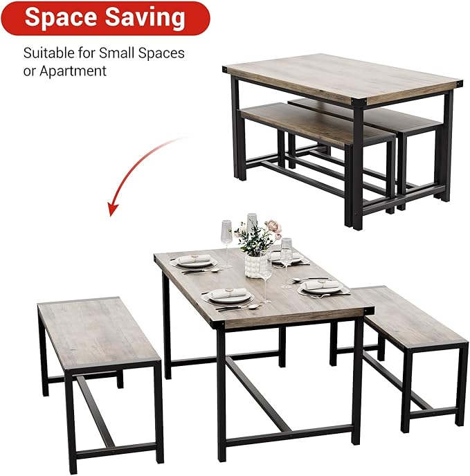 Garvee Dining Table Set for 4, Kitchen Table with Benches, 3 Piece Rectangular Dining Room Set with 2 Wooden Benches for Small Space, Apartment, Studio, Home, Rustic Gray