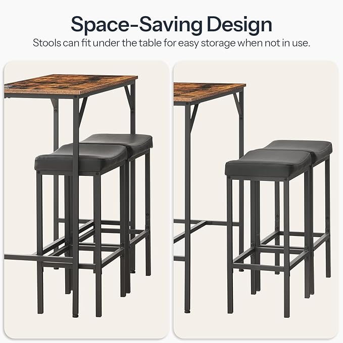 HOOBRO 3-Piece Bar Table and Chairs Set, 39.4" Pub Table, High Top Bar Table with Charging Station, 3-Piece Dining Table Kitchen Breakfast Table Set, for Kitchen, Small Space, Rustic Brown BF10UBT01